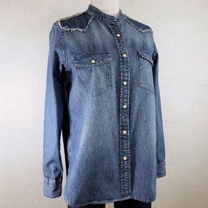 Gap Denim Shirt Frayed Seam Detail Pearl Snap Front Closure Medium